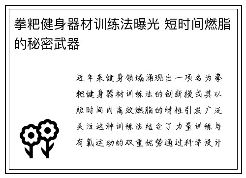 拳粑健身器材训练法曝光 短时间燃脂的秘密武器