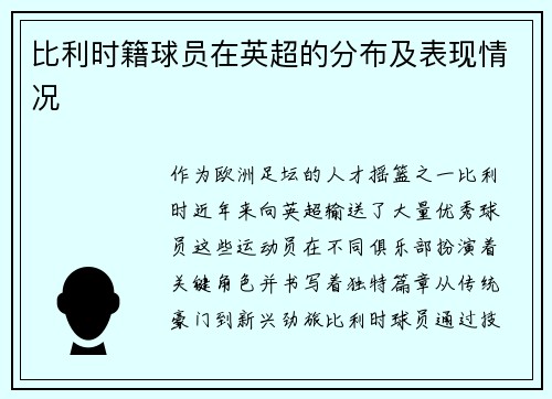 比利时籍球员在英超的分布及表现情况
